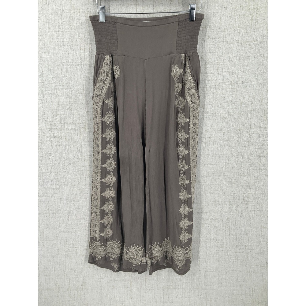 Sundance Wide Leg Pants Women XS Taupe Viscose Embroidered Boho Western Smocked